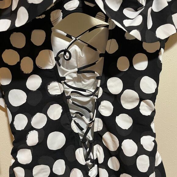 NEW La Blanca Size 6 Mod For Dot Polka Dot Ruffle One Piece Swimsuit Black White - Picture 14 of 15